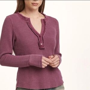 Dear John Luna Waffle Knit Henley Top Shirt Plum Berry Womens XL